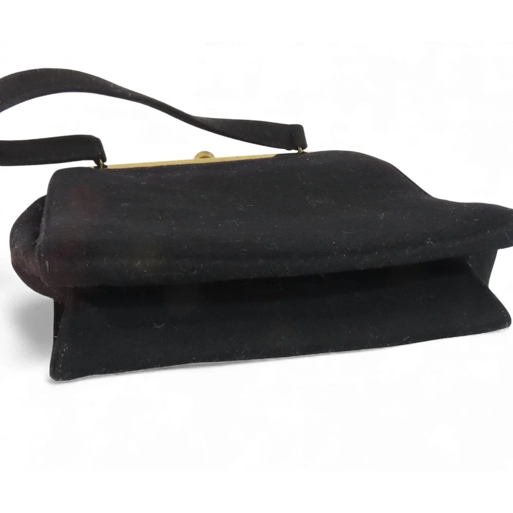 VTG Ingber Black Wool FRAME TOP PURSE BAG Pearlized Brass Lever Clasp SATCHEL